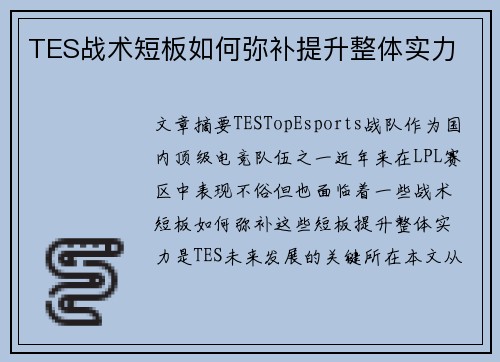TES战术短板如何弥补提升整体实力 TES战术短板如何弥补提升整体实力